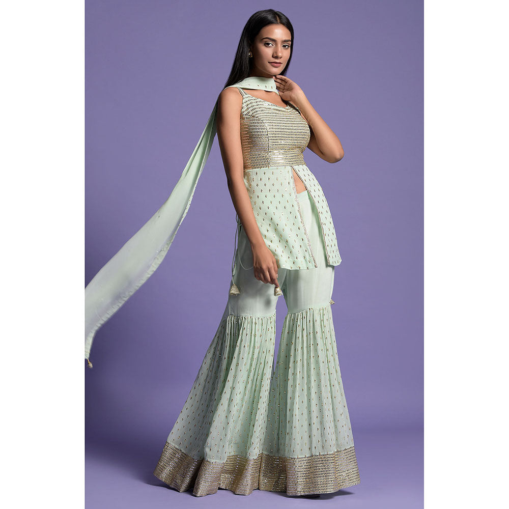 "Two Sisters" by Gyans Pista Green Georgette Embroidered Gharara Set (Set of 3)