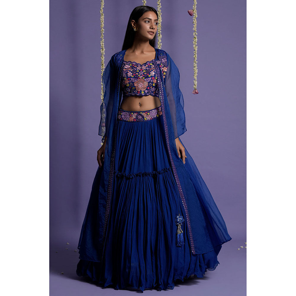 "Two Sisters" by Gyans Bright Royal Blue Embroidered Lehenga with Blouse & Cape (Set of 3)
