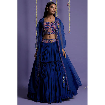 "Two Sisters" by Gyans Bright Royal Blue Embroidered Lehenga with Blouse & Cape (Set of 3)