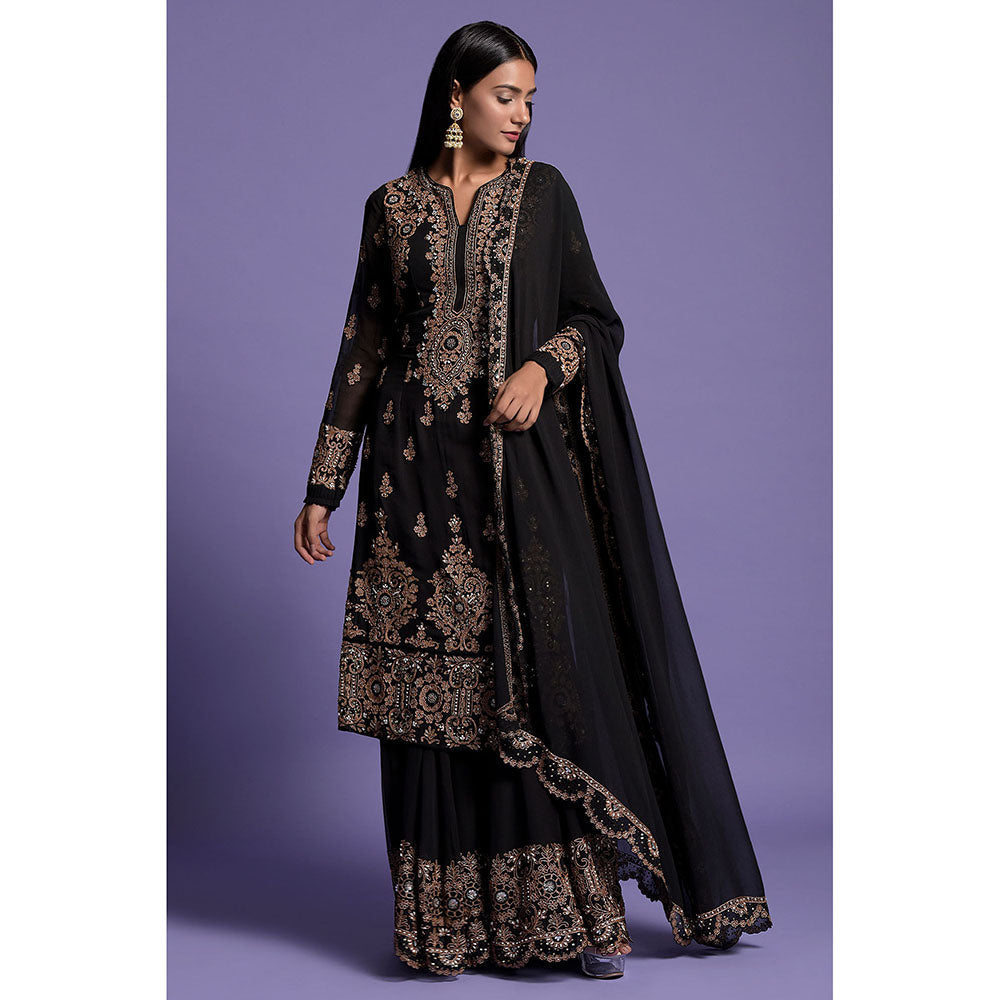 "Two Sisters" by Gyans Black Zardosi Embroidered Sharara with Kurta & Dupatta (Set of 3)