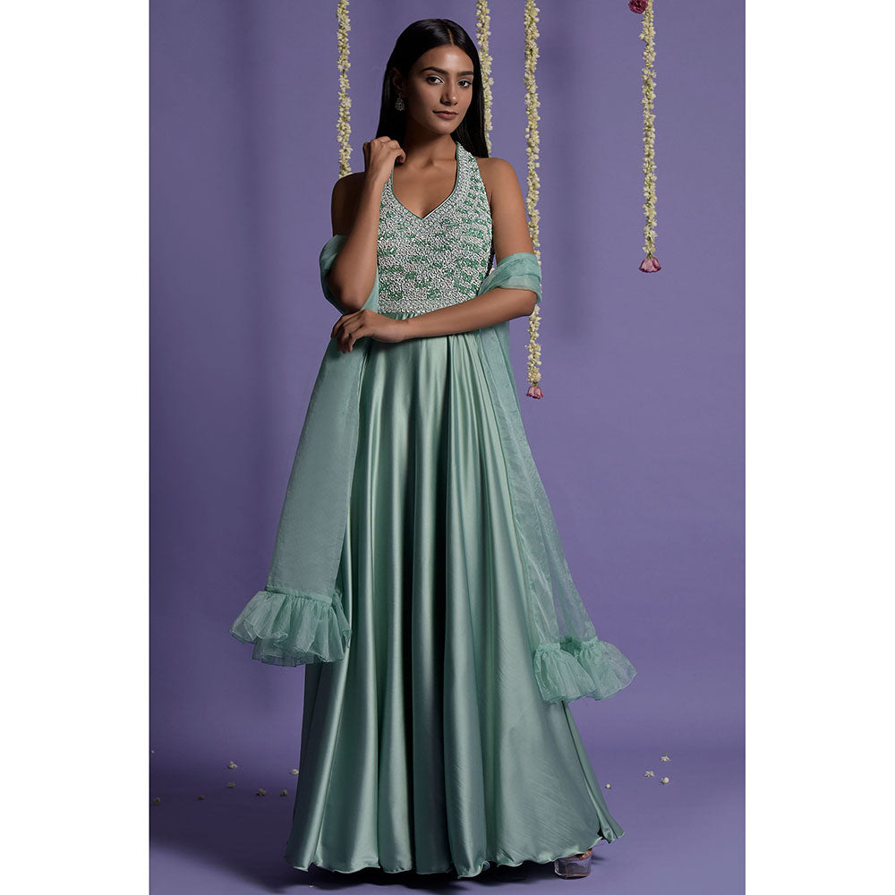 "Two Sisters" by Gyans Sea Green Satin Sequin Embroidered Anarkali with Dupatta (Set of 2)