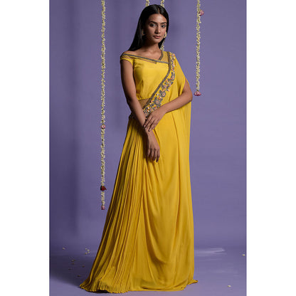 "Two Sisters" by Gyans Yellow Georgette Embroidered Draped Saree without Blouse