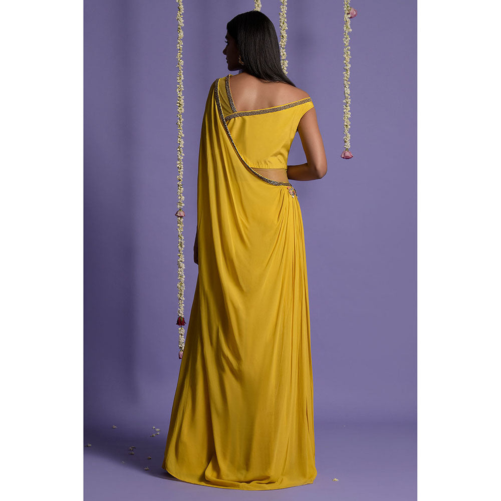 "Two Sisters" by Gyans Yellow Georgette Embroidered Draped Saree without Blouse