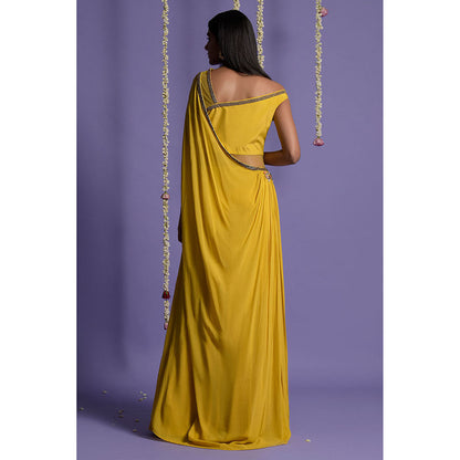 "Two Sisters" by Gyans Yellow Georgette Embroidered Draped Saree without Blouse