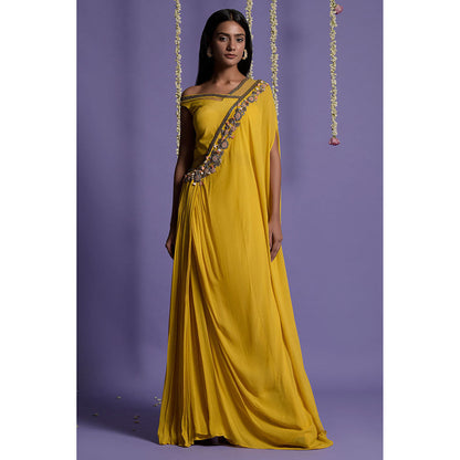 "Two Sisters" by Gyans Yellow Georgette Embroidered Draped Saree without Blouse