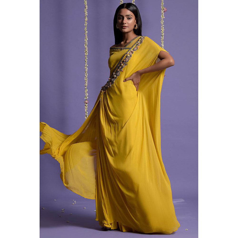 "Two Sisters" by Gyans Yellow Georgette Embroidered Draped Saree without Blouse