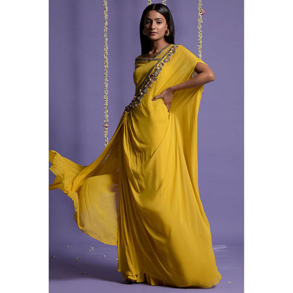 "Two Sisters" by Gyans Yellow Georgette Embroidered Draped Saree without Blouse