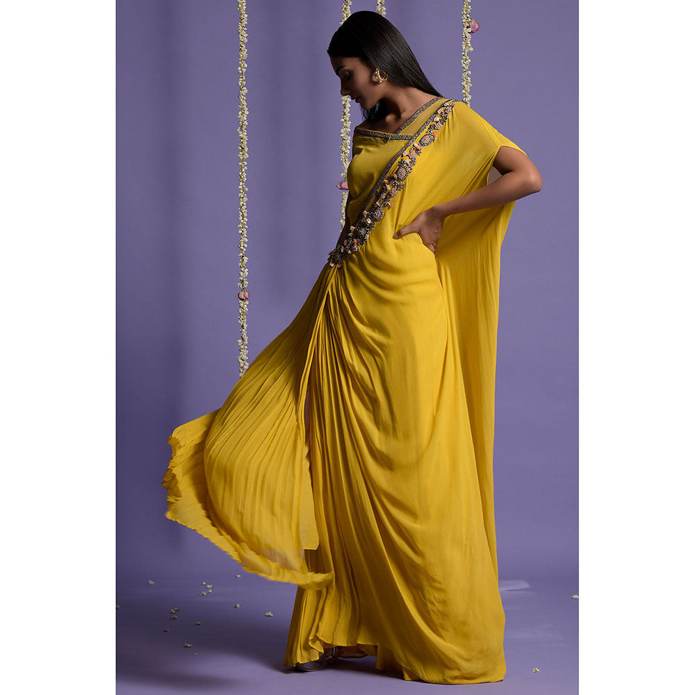"Two Sisters" by Gyans Yellow Georgette Embroidered Draped Saree without Blouse