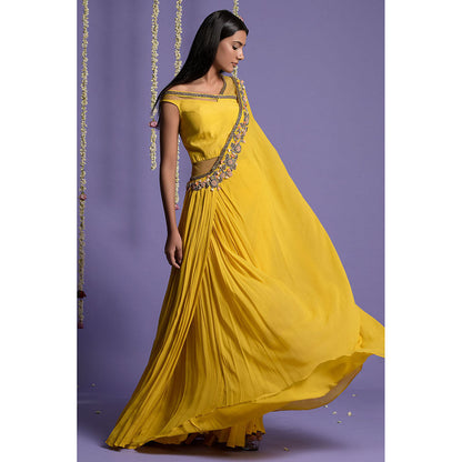 "Two Sisters" by Gyans Yellow Georgette Embroidered Draped Saree without Blouse