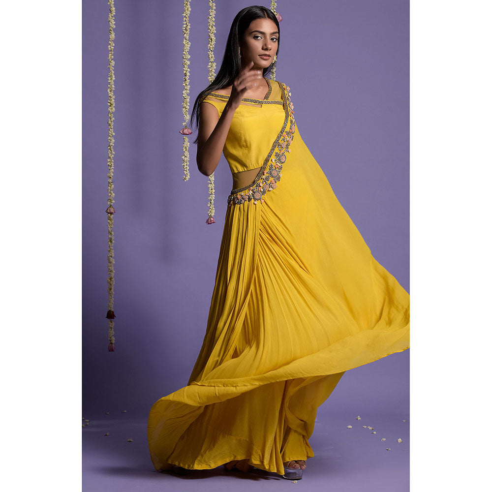 "Two Sisters" by Gyans Yellow Georgette Embroidered Draped Saree without Blouse