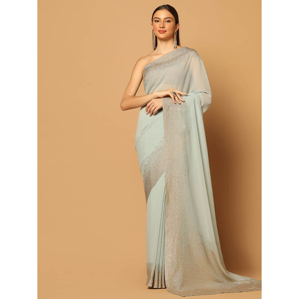 "Two Sisters" by Gyans Powder Blue Sequins Embroidered Saree with Unstitched Blouse