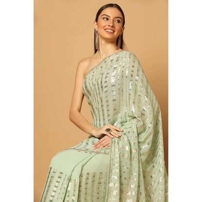 "Two Sisters" by Gyans Mint Green Embroidered Sequins Saree with Unstitched Blouse