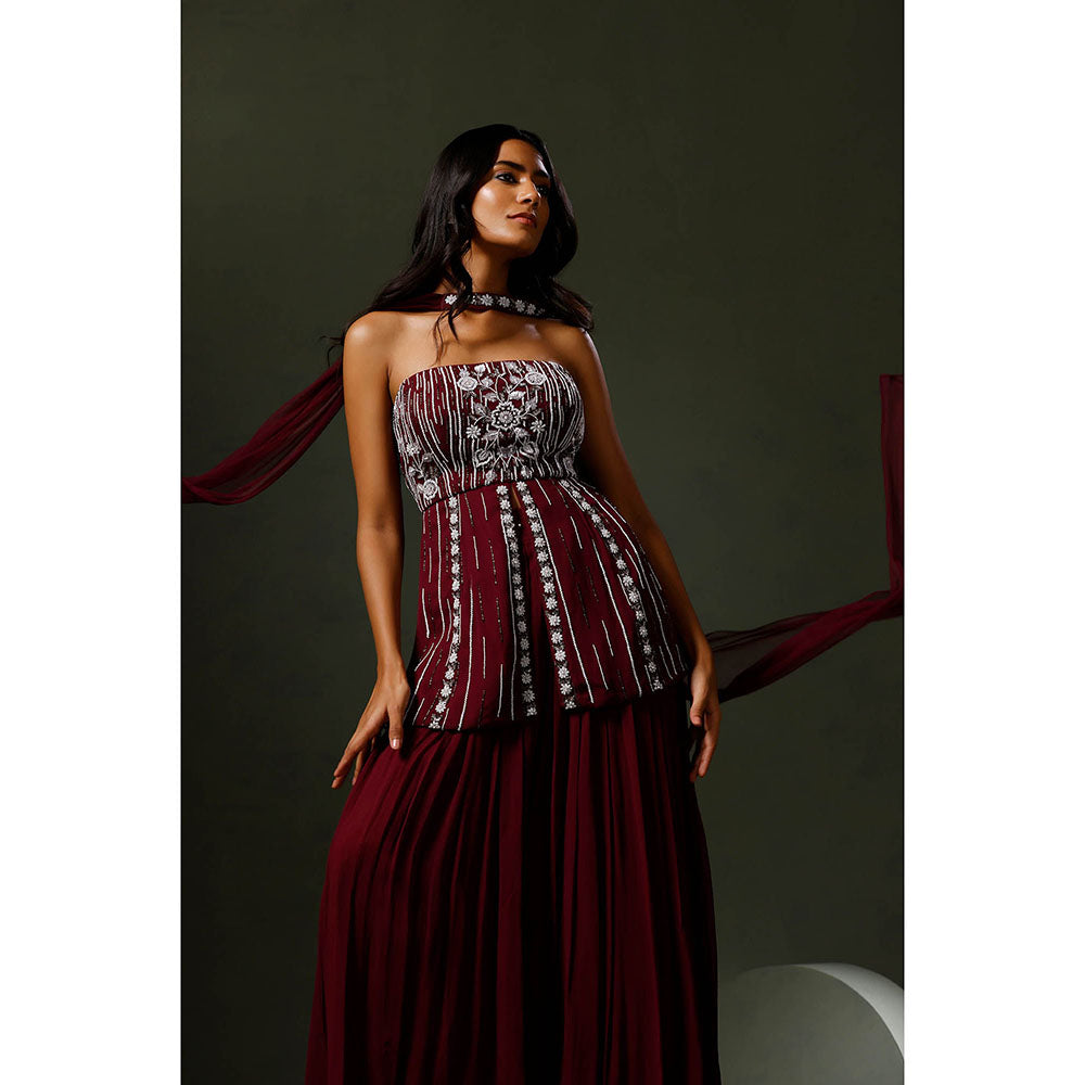 "Two Sisters" by Gyans Wine Peplum Tube Top with Sharara and Dupatta (Set of 3)