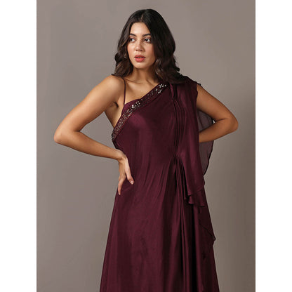 "Two Sisters" by Gyans Wine One Shoulder Drape Gown