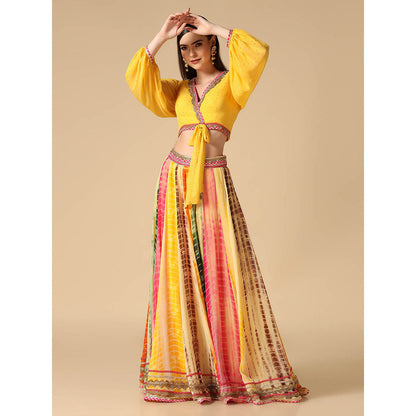 "Two Sisters" by Gyans Yellow Crop Top and Leheriya Lehenga (Set of 2)
