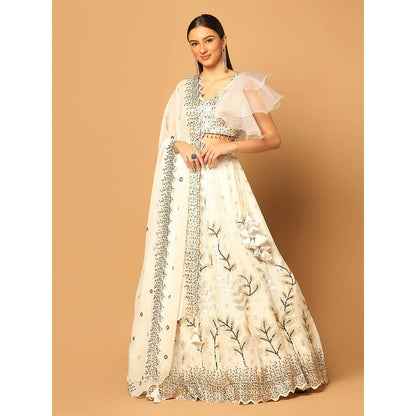 "Two Sisters" by Gyans White Embroidered Lehenga with Blouse and Dupatta (Set of 3)