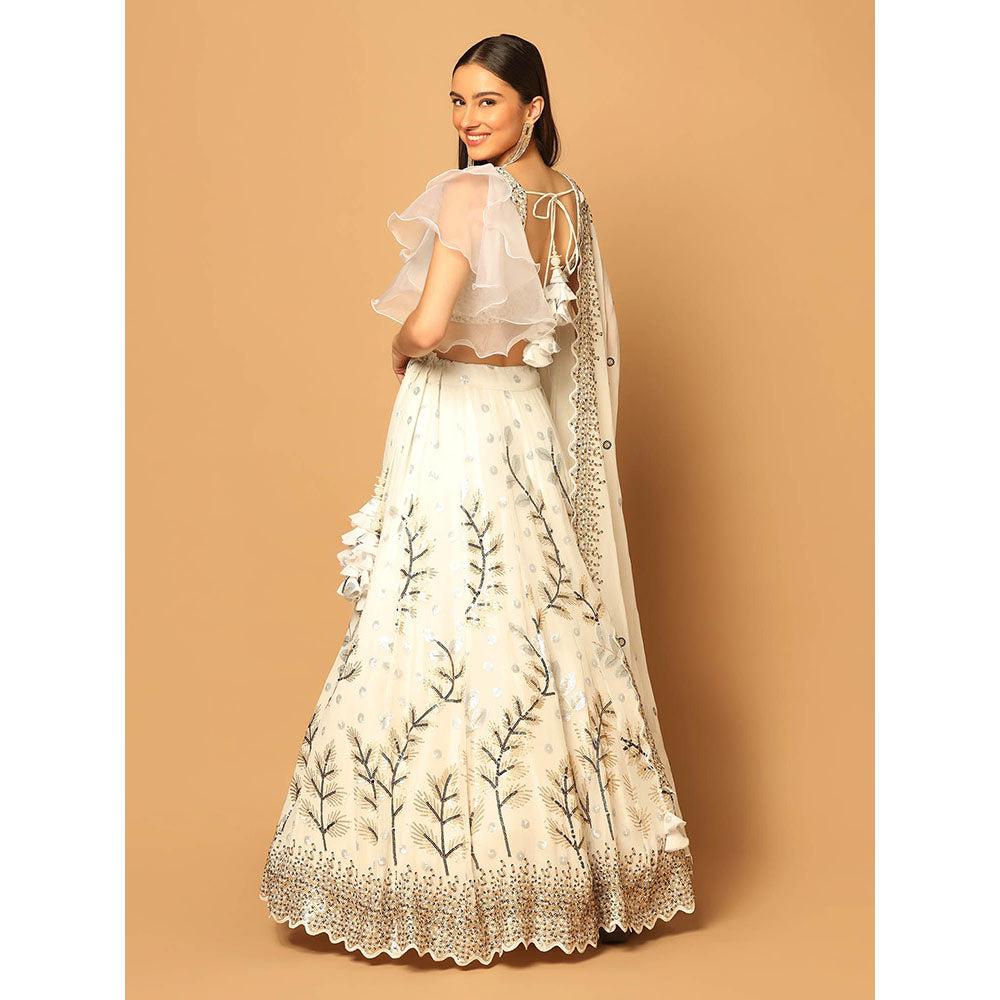 "Two Sisters" by Gyans White Embroidered Lehenga with Blouse and Dupatta (Set of 3)