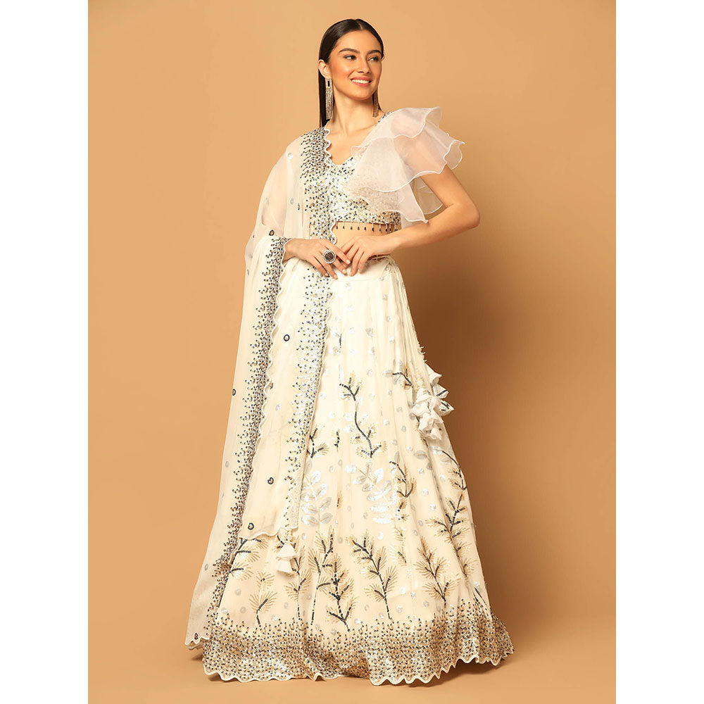 "Two Sisters" by Gyans White Embroidered Lehenga with Blouse and Dupatta (Set of 3)
