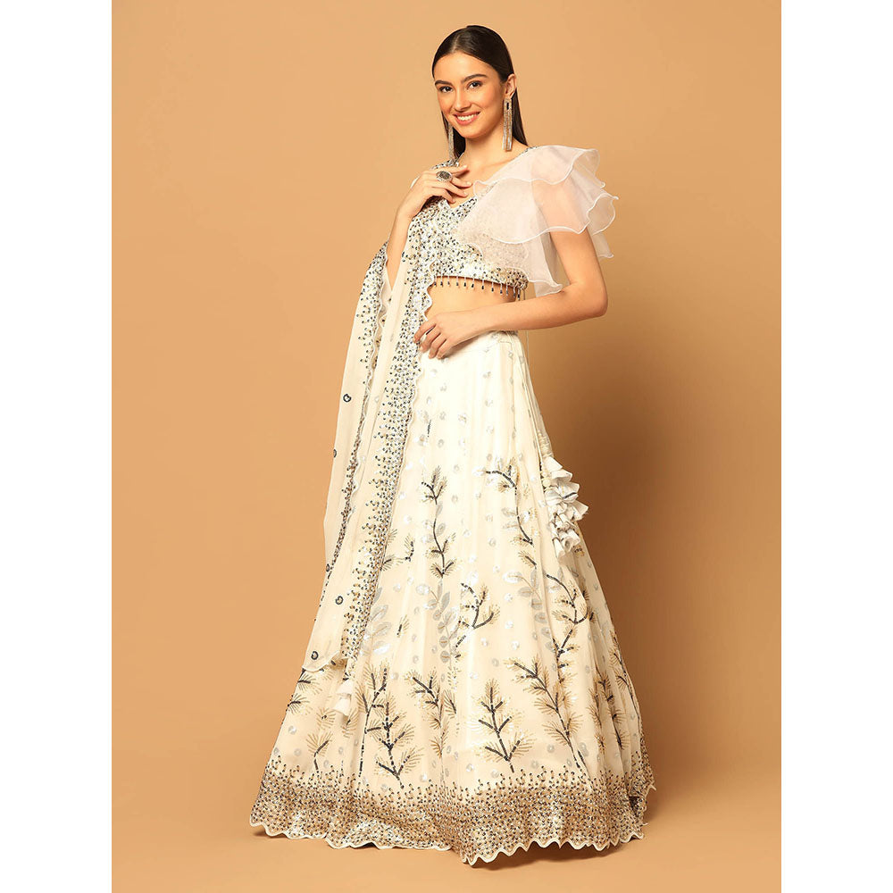 "Two Sisters" by Gyans White Embroidered Lehenga with Blouse and Dupatta (Set of 3)