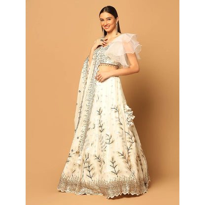 "Two Sisters" by Gyans White Embroidered Lehenga with Blouse and Dupatta (Set of 3)