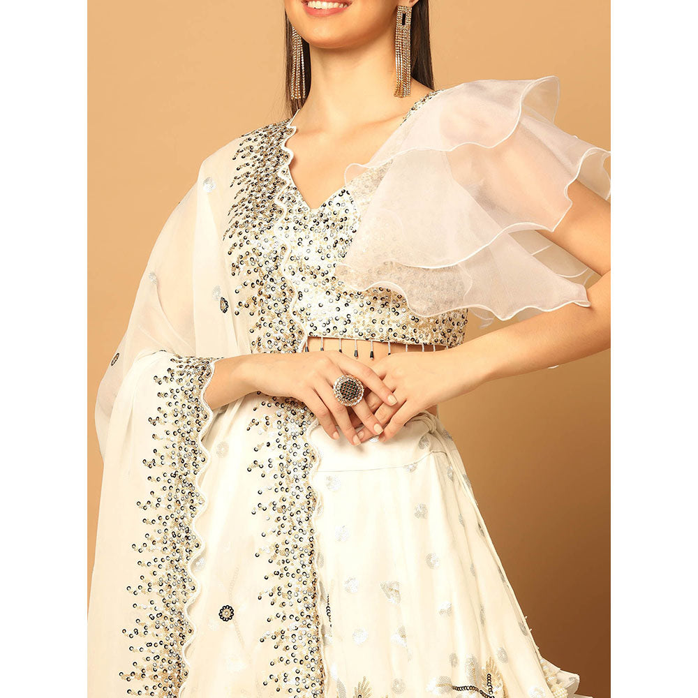 "Two Sisters" by Gyans White Embroidered Lehenga with Blouse and Dupatta (Set of 3)