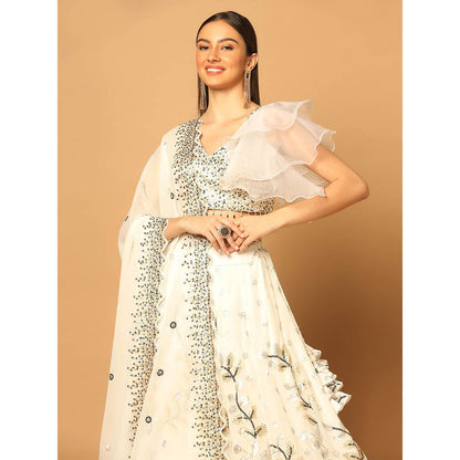 "Two Sisters" by Gyans White Embroidered Lehenga with Blouse and Dupatta (Set of 3)