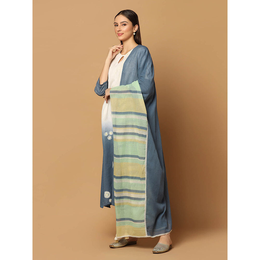 "Two Sisters" by Gyans Denim Blue and White Kurta with Pant and Dupatta (Set of 3)