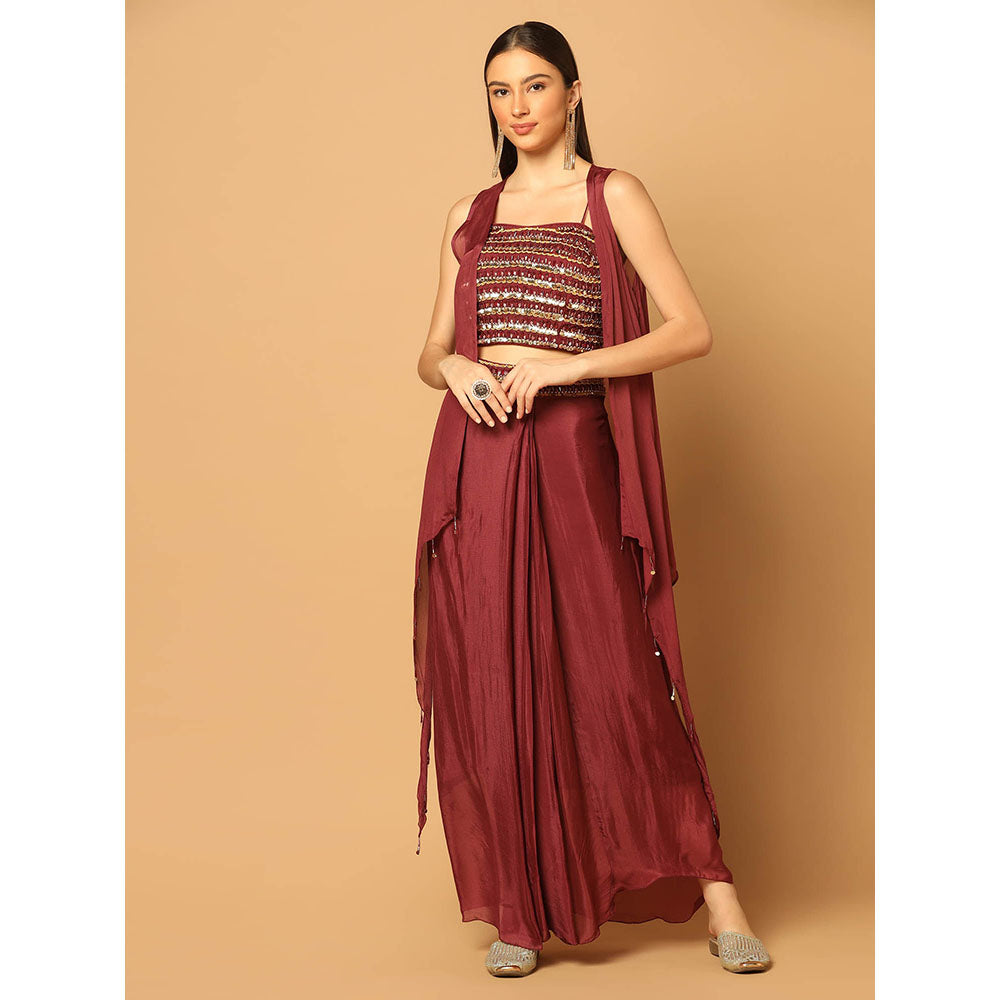 "Two Sisters" by Gyans Maroon Embroidered Cape with Lehenga and Bustier (Set of 3)