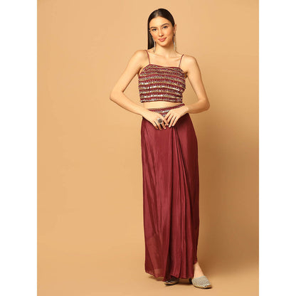 "Two Sisters" by Gyans Maroon Embroidered Cape with Lehenga and Bustier (Set of 3)