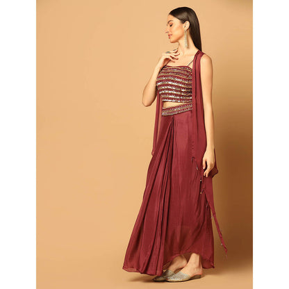 "Two Sisters" by Gyans Maroon Embroidered Cape with Lehenga and Bustier (Set of 3)
