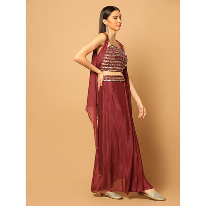 "Two Sisters" by Gyans Maroon Embroidered Cape with Lehenga and Bustier (Set of 3)