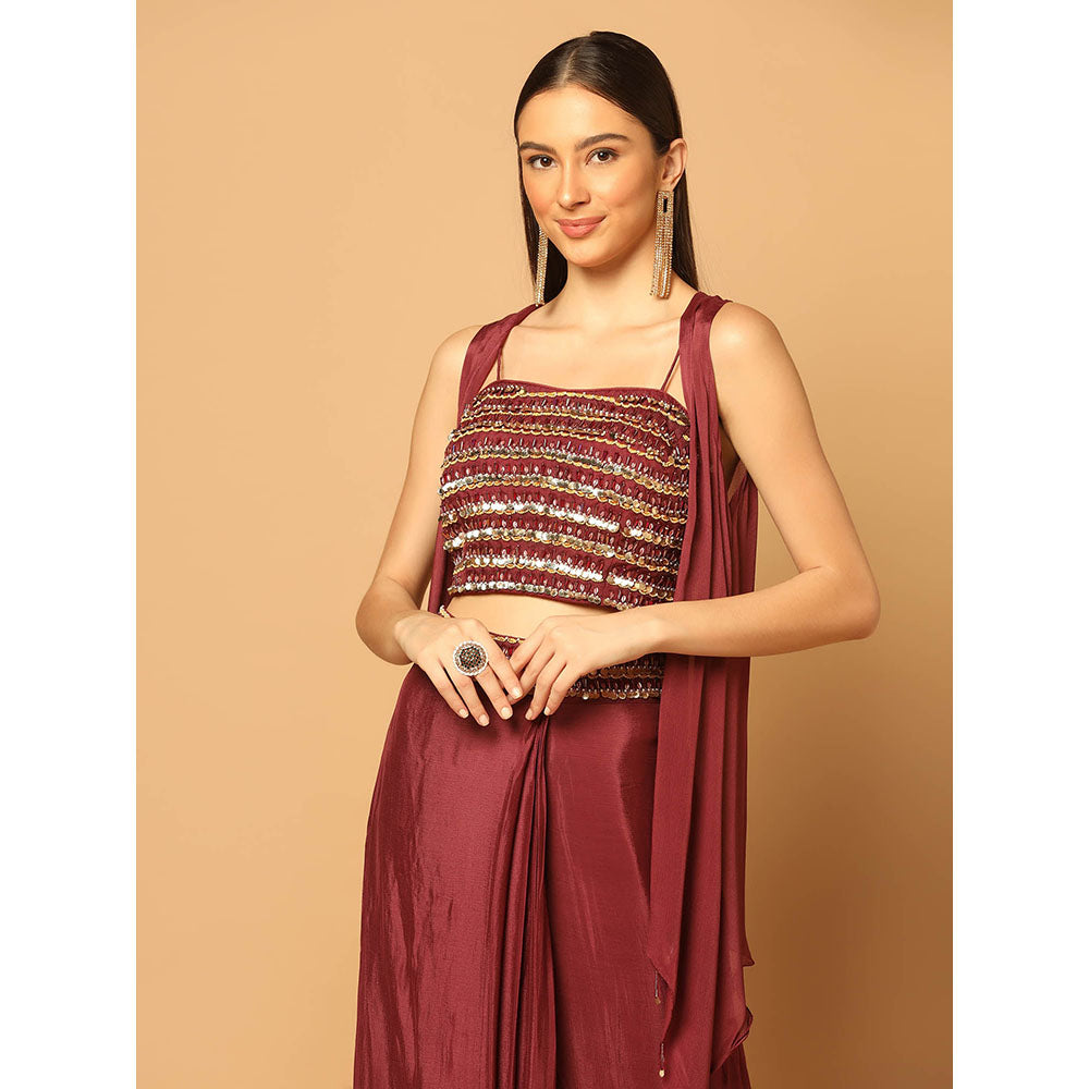 "Two Sisters" by Gyans Maroon Embroidered Cape with Lehenga and Bustier (Set of 3)