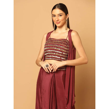 "Two Sisters" by Gyans Maroon Embroidered Cape with Lehenga and Bustier (Set of 3)