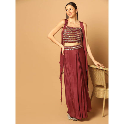 "Two Sisters" by Gyans Maroon Embroidered Cape with Lehenga and Bustier (Set of 3)