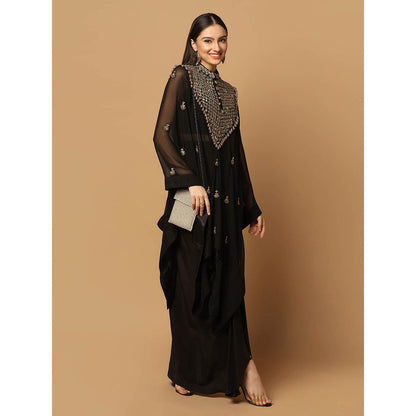 "Two Sisters" by Gyans Black Skirt with Embroidered Kaftan Cape and Bustier (Set of 3)