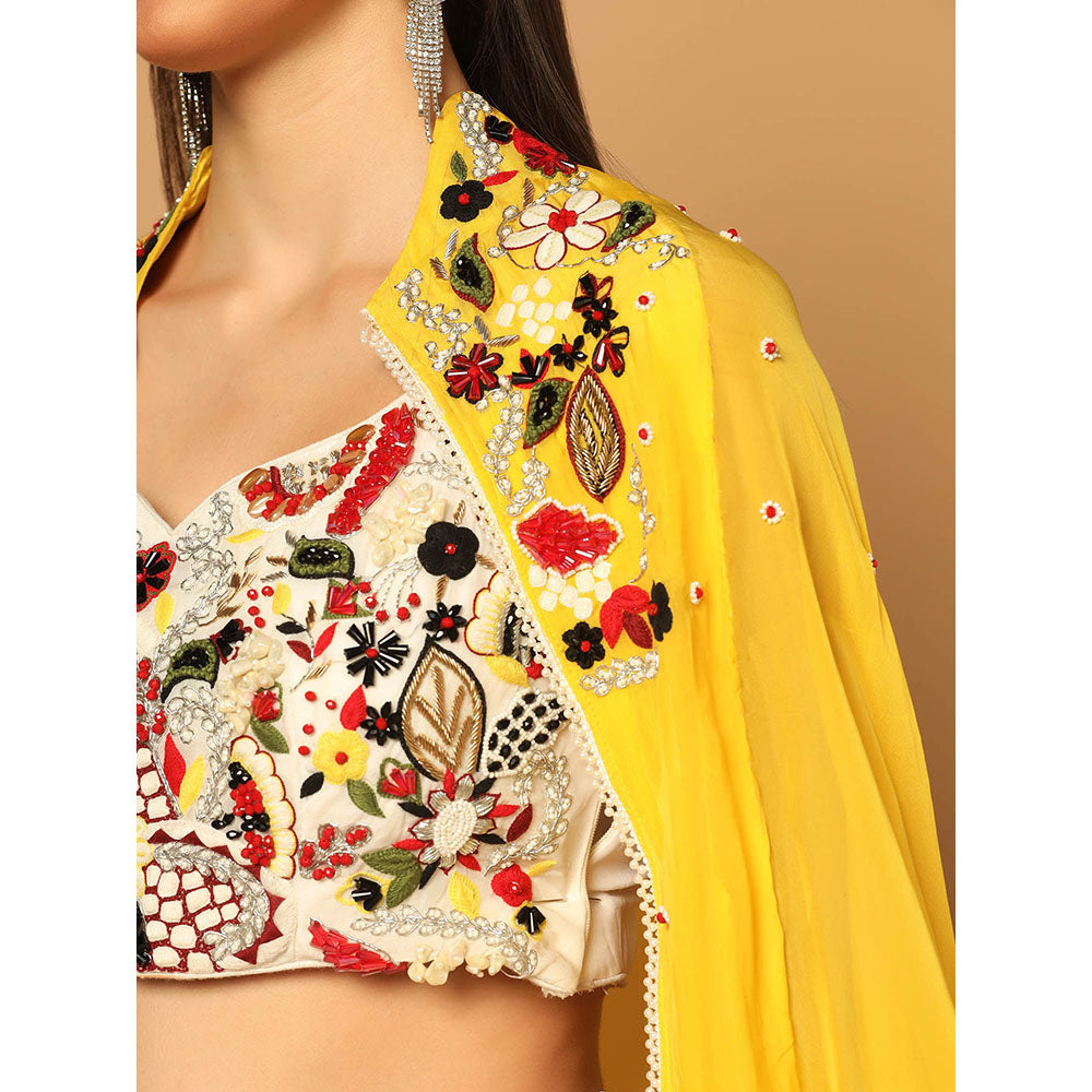 "Two Sisters" by Gyans White and Yellow Cape with Sharara and Crop Top (Set of 3)
