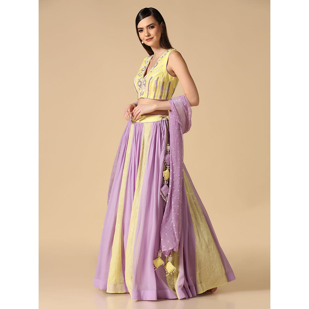 "Two Sisters" by Gyans Lilac And Lime Embroidered Blouse & Lehenga with Dupatta (Set of 3)