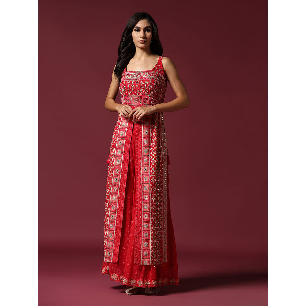 "Two Sisters" by Gyans Red Printed And Embroidered Kurta with Sharara & Dupatta (Set of 3)