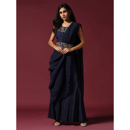 "Two Sisters" by Gyans Navy Blue Pre-Drape Saree with Belt & Stitched Blouse