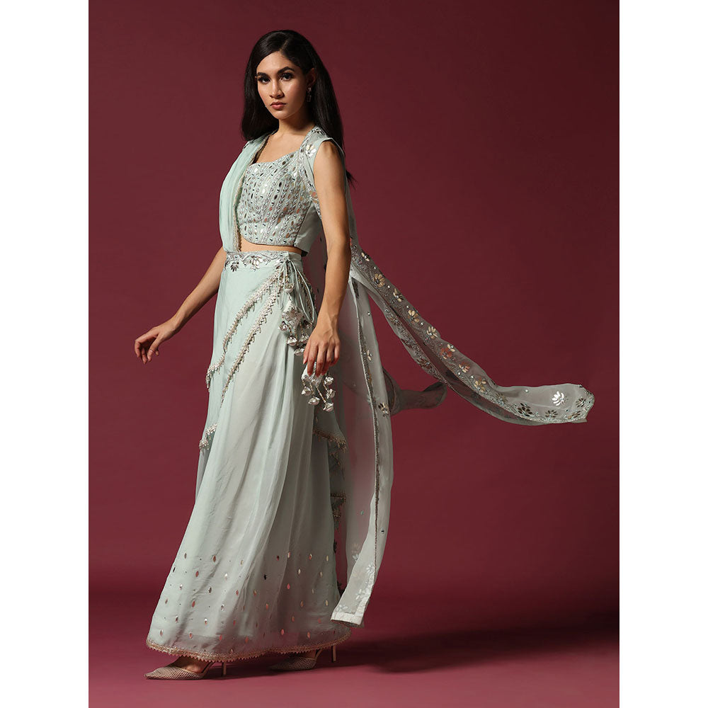 "Two Sisters" by Gyans Powder Blue Gota Work Jacket with Blouse & Sharara (Set of 3)