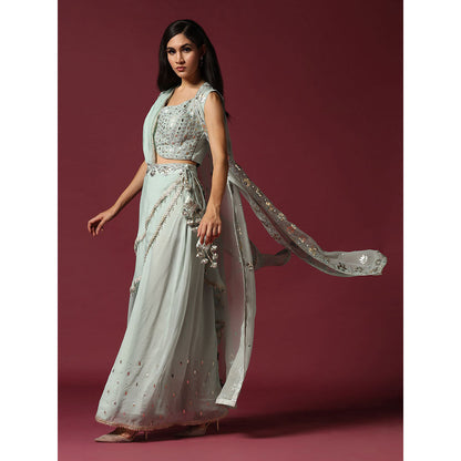 "Two Sisters" by Gyans Powder Blue Gota Work Jacket with Blouse & Sharara (Set of 3)