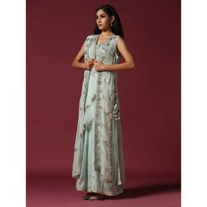 "Two Sisters" by Gyans Powder Blue Gota Work Jacket with Blouse & Sharara (Set of 3)