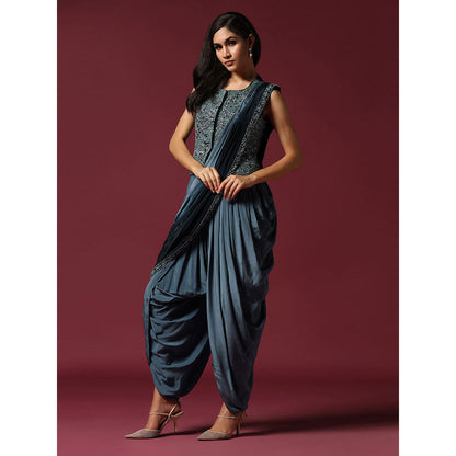 "Two Sisters" by Gyans Blue Embroidered Dhoti Jumpsuit with Jacket & Saree Drape