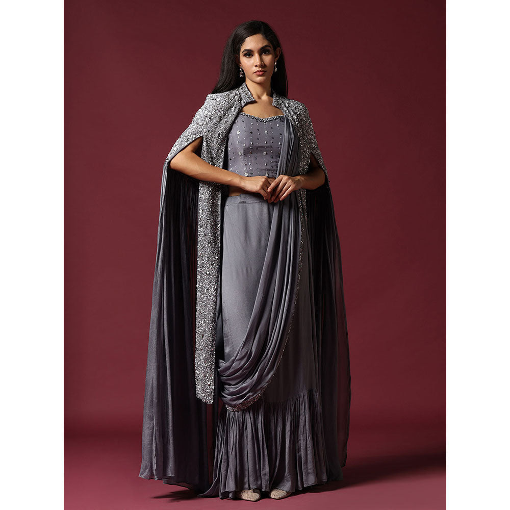 "Two Sisters" by Gyans Grey Cape & Draped Saree with Stitched Blouse