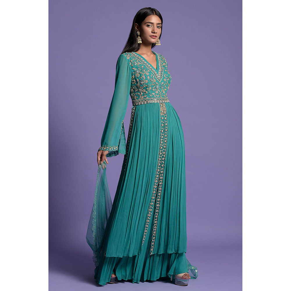 "Two Sisters" by Gyans Green And Silver Anarkali Kurta & Dupatta with Gharara (Set of 3)