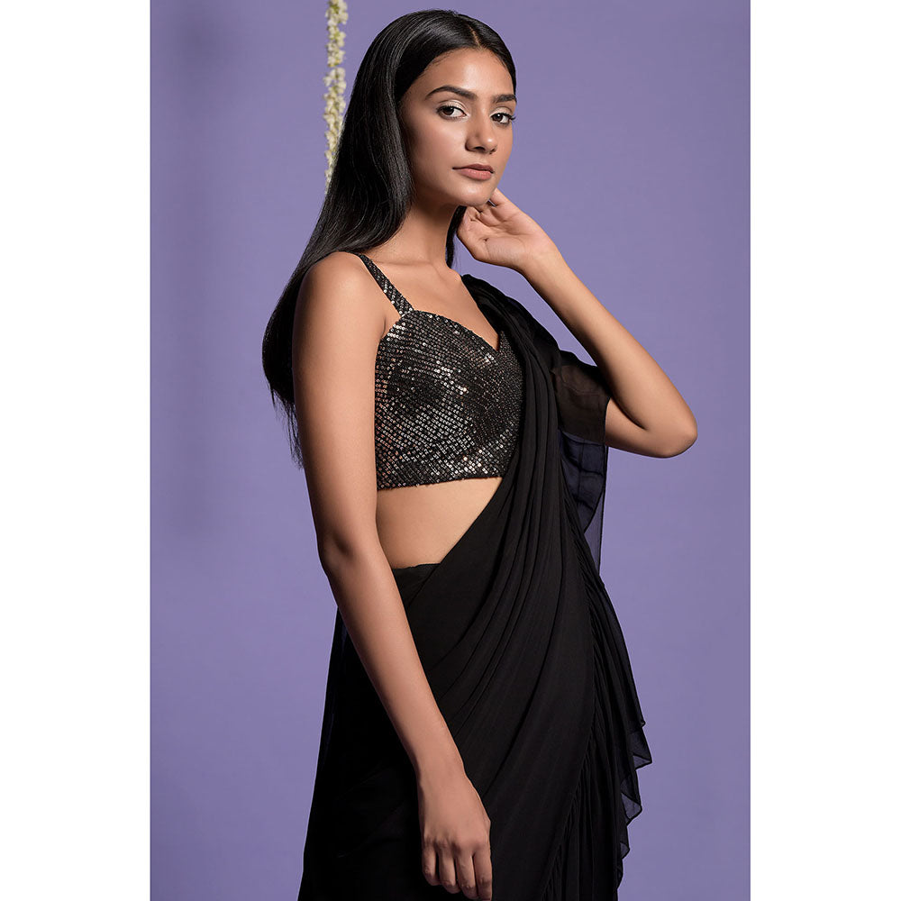 "Two Sisters" by Gyans Black Georgette Ruffled Draped Saree with Stitched Blouse