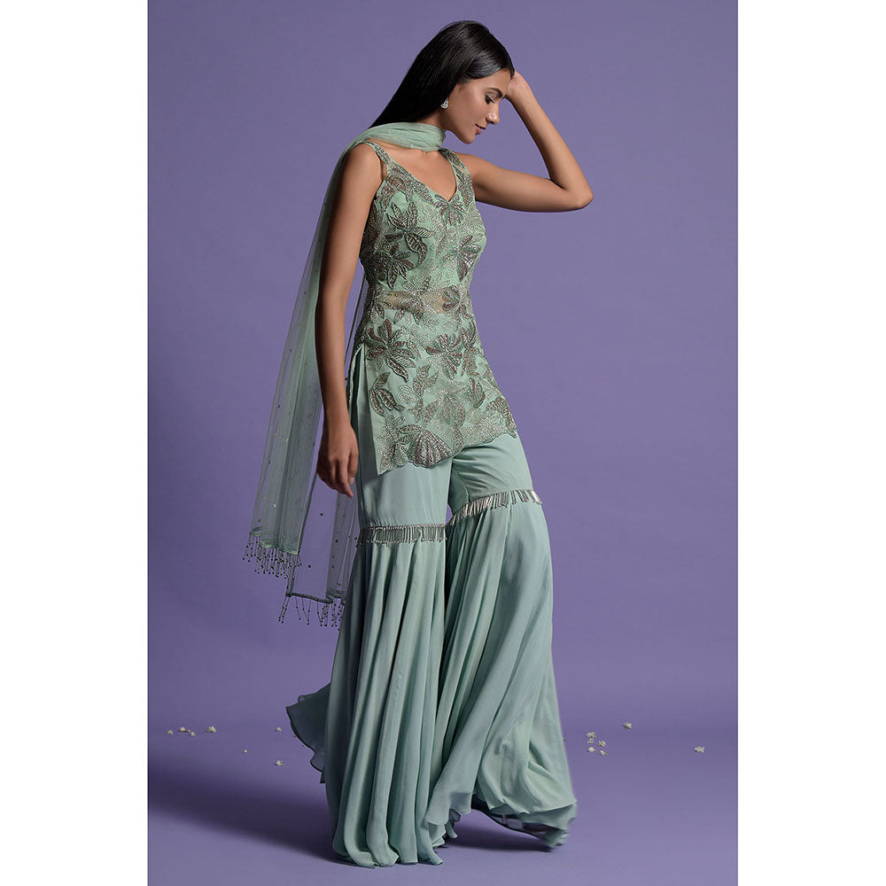 "Two Sisters" by Gyans Mint Green Georgette Kurti with Gharara & Dupatta (Set of 3)