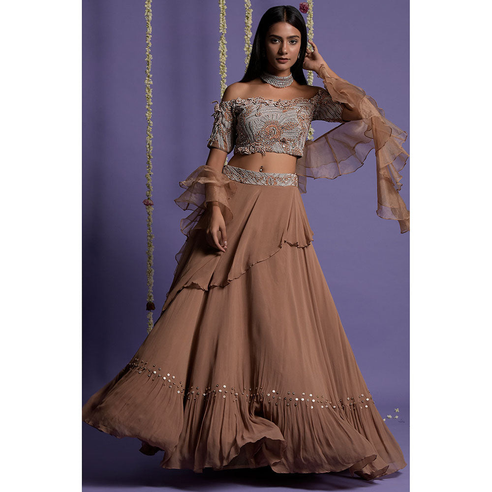 "Two Sisters" by Gyans Brown Georgette Blouse & Lehenga with Dupatta (Set of 3)