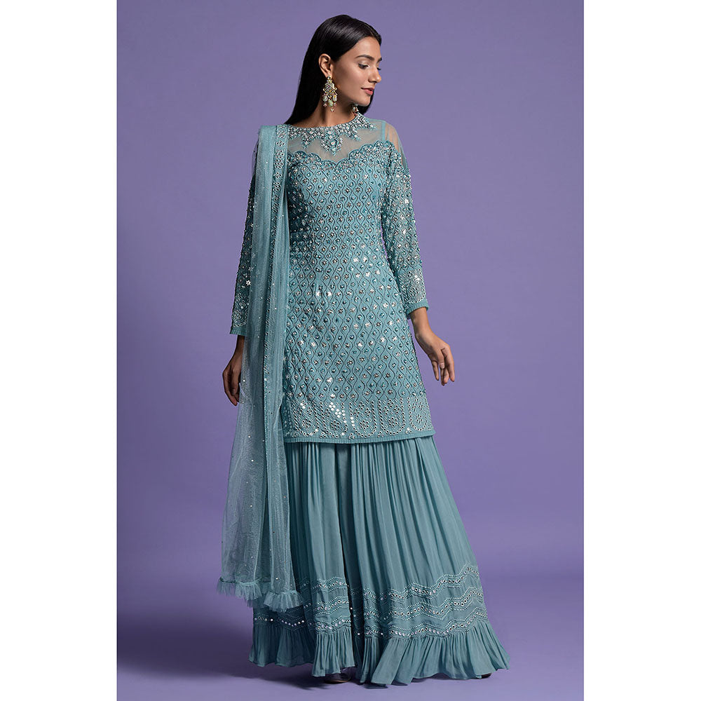 "Two Sisters" by Gyans Blue Georgette Embroidered Kurta with Sharara & Dupatta (Set of 3)