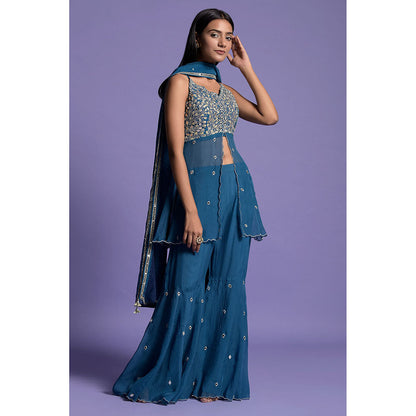 "Two Sisters" by Gyans Teal Blue Embroidered Organza Kurti with Sharara & Dupatta (Set of 3)